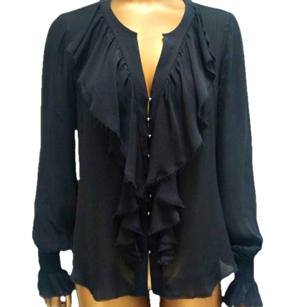 Black Silk Long Sleeve Ruffle Raw Edge Button Up Gothic Blouse Corporate Goth - Picture 2 of 8